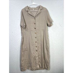 Grae Cove Linen Button Down Midi‎ Dress Women M Tan Pockets Lagenlook Minimalist